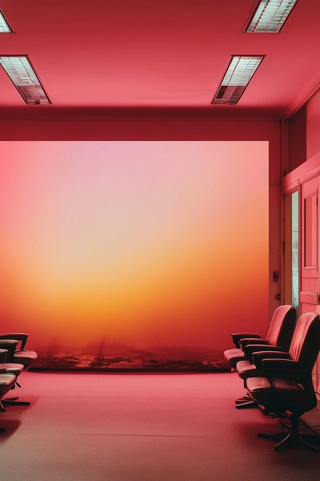 Red-lit room with chairs facing a sunset gradient wall