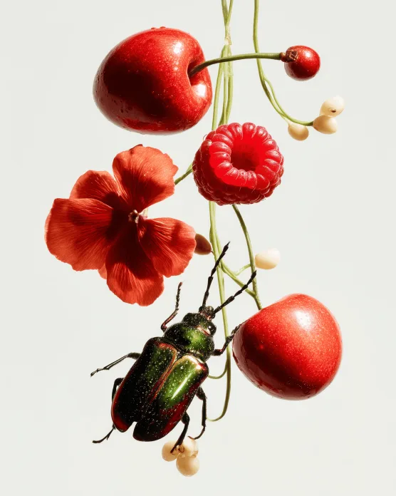 Red berries and flowers suspended with a green beetle on a pale backdrop