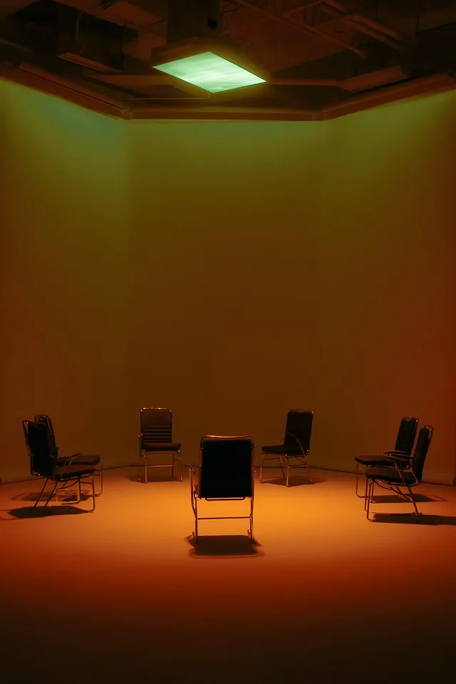 Empty chairs arranged in an amber-lit room
