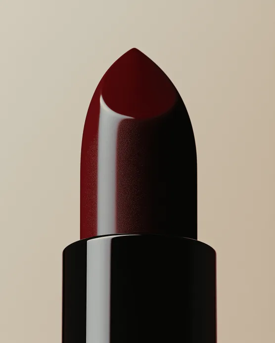 Deep red lipstick bullet in close-up on a beige backdrop