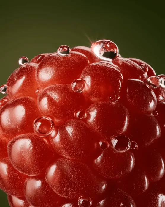 Macro of a glossy dark red raspberry with water droplets