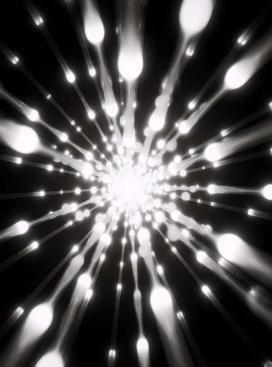 Burst of white light rays on black, abstract starburst