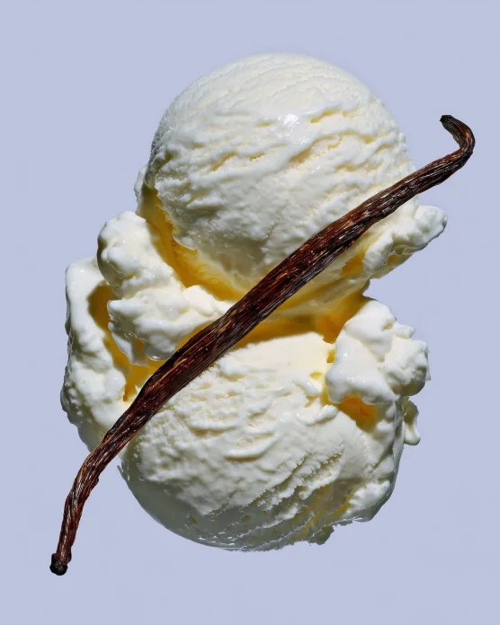 Scoops of vanilla ice cream with a vanilla pod