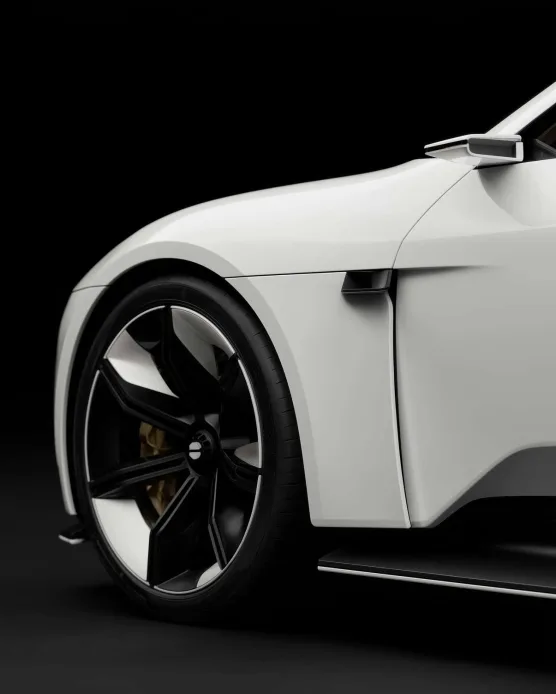 White sports car front wheel and headlight detail