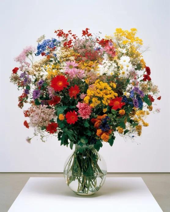 Lush mixed flower bouquet against a white gallery wall