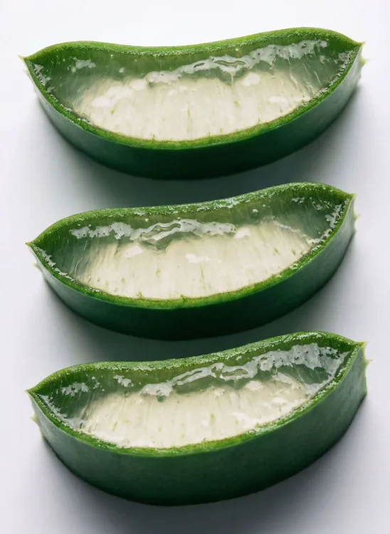 Aloe vera segments with white gel lined up on white