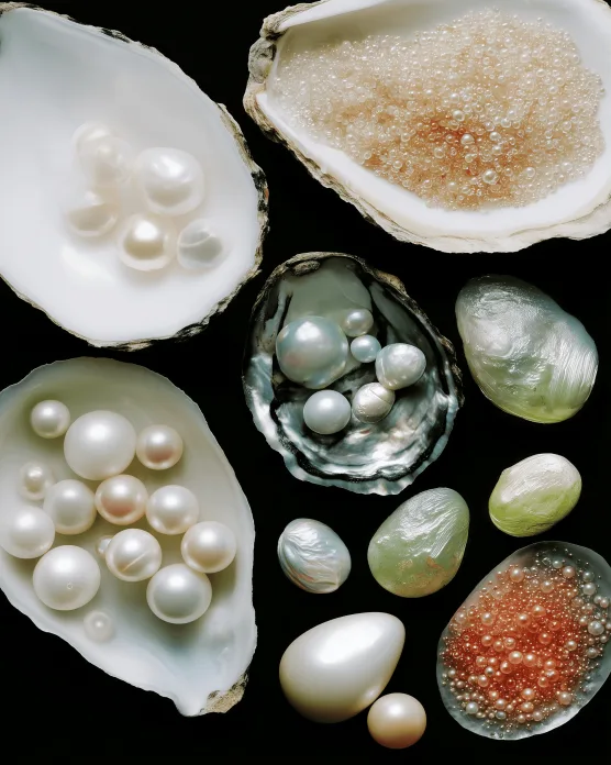 Pearls, shells and gemstones arranged on black