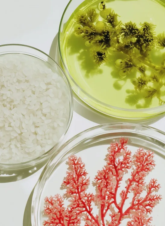 Green botanical dishes with rice and coral samples, lab-style flat lay