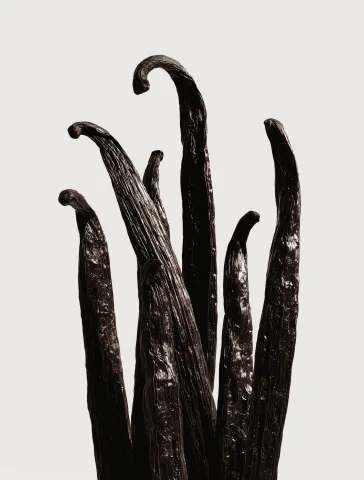 Dried black vanilla pods on an off-white backdrop