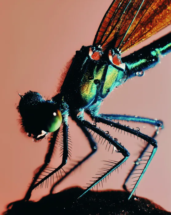 Macro of an iridescent green dragonfly on a warm pink background